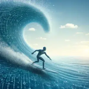 Ein Surfer reitet geschickt eine große Welle im Ozean.