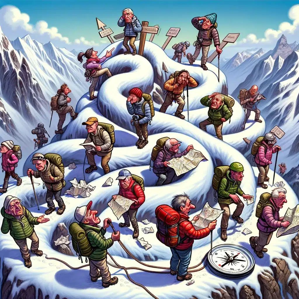 Gruppe von Führungskräften auf einem schneebedeckten Berg, die Karten studieren und Entscheidungen treffen, symbolisiert durch verschiedene Posen und Ausdrücke